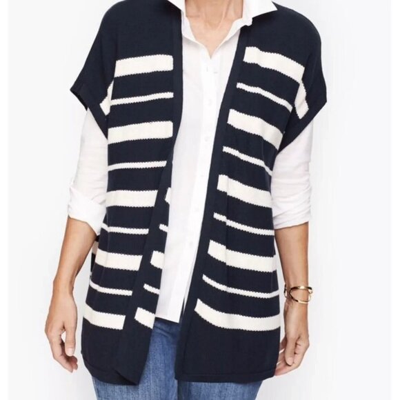 NWOT Talbots Cardigan Sweater Poncho Open Front Navy Blue Striped Wrap Vest M/L - Picture 3 of 5